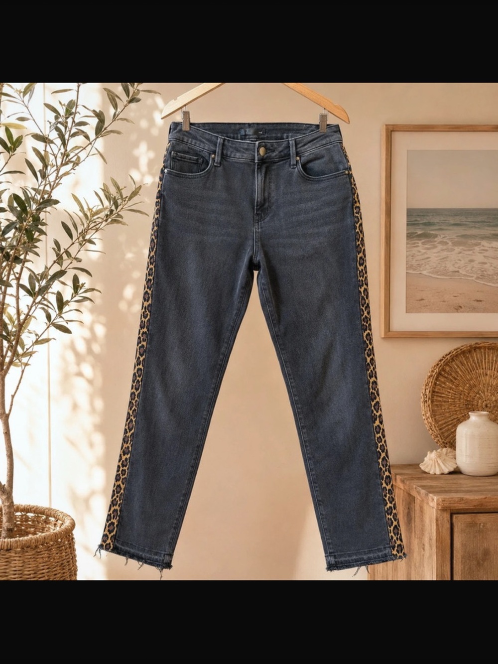 Aqua Dark Wash Jeans with Leopard Side Panels